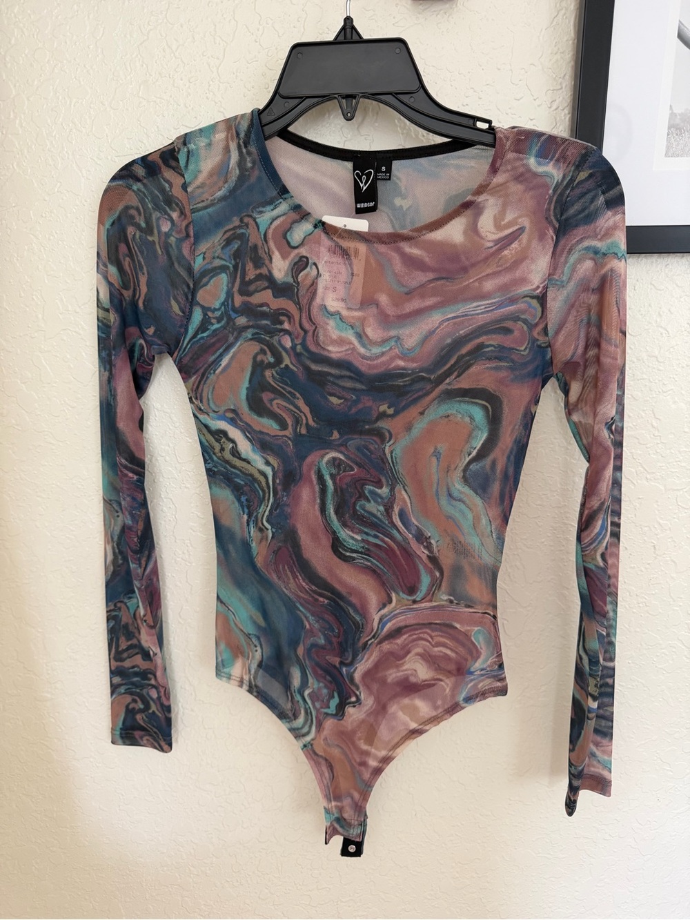 Windsor Multicolor Marble-Print Long Sleeve Scoop Bodysuit mesh
